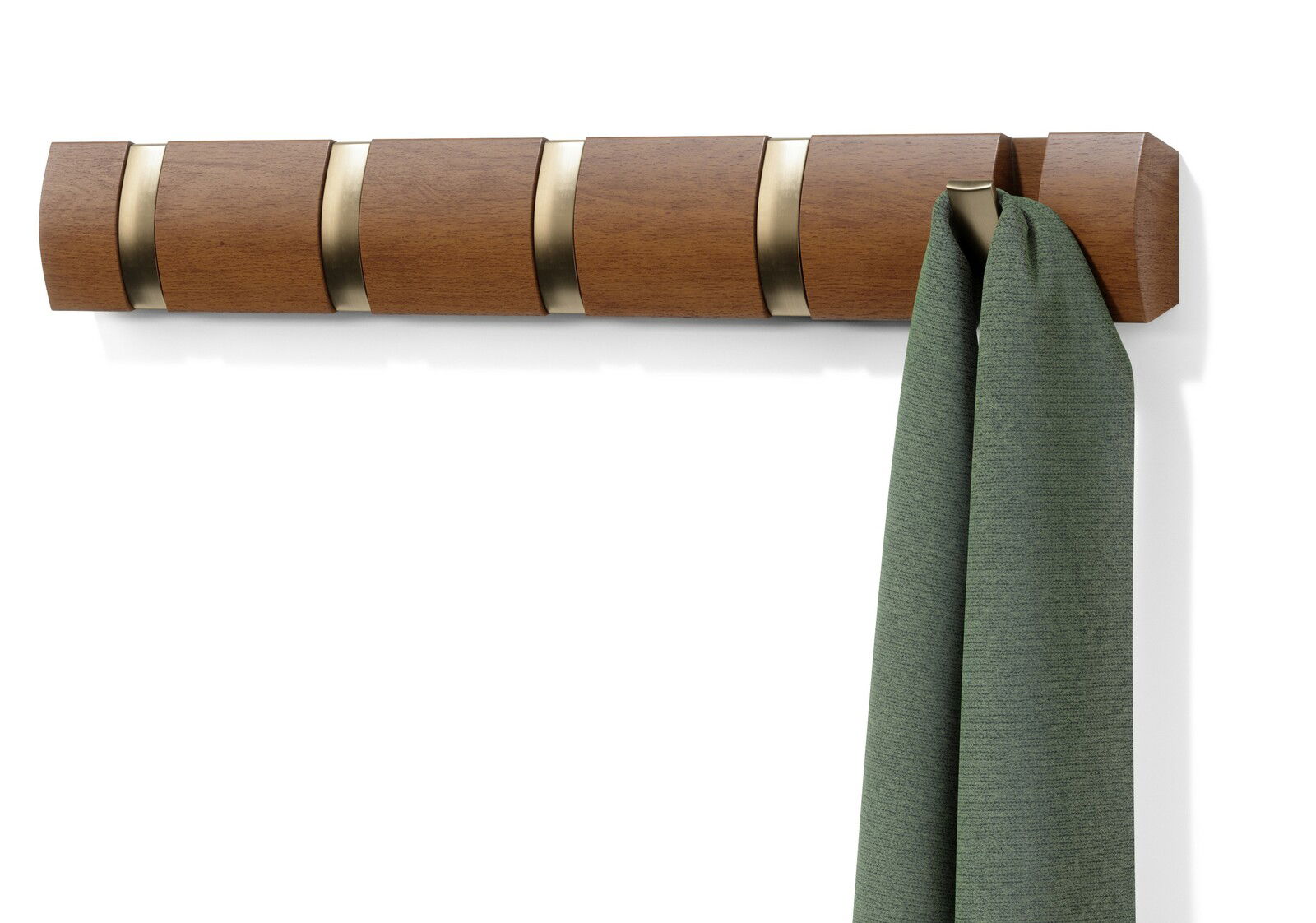 Wandgarderobe aus Holz mit Metallakzenten, frontal abgebildet, mit einem grünen Tuch an einem Haken.
