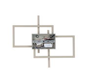 LED-Deckenleuchte in geometrischem Design, von oben betrachtet, mit sichtbarer Verkabelung und rechteckigen Rahmen.