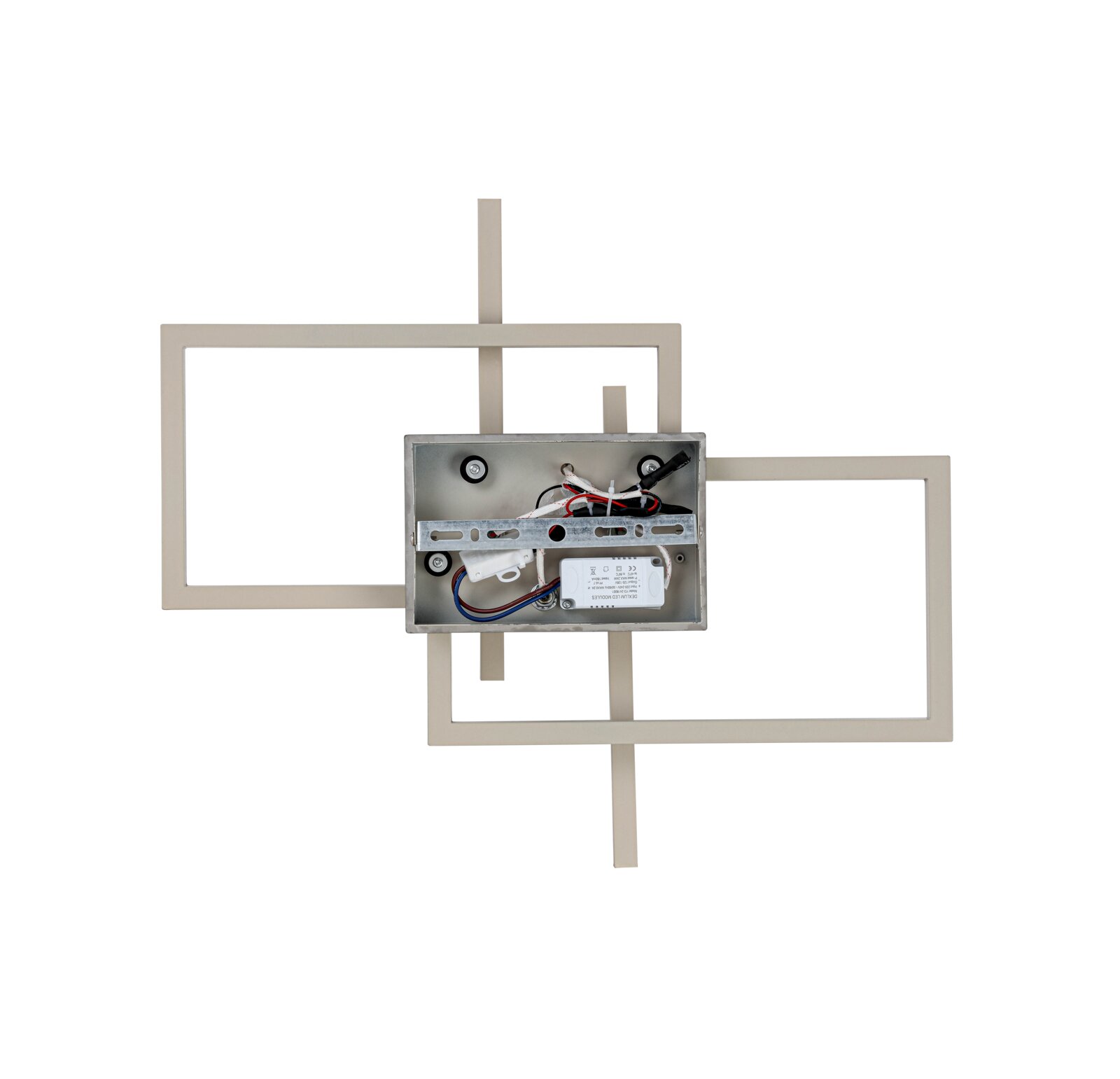 LED-plafondlamp met een geometrisch ontwerp, gezien van bovenaf, met zichtbare bedrading en rechthoekige randen.