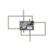 LED-plafondlamp met een geometrisch ontwerp, gezien van bovenaf, met zichtbare bedrading en rechthoekige randen.