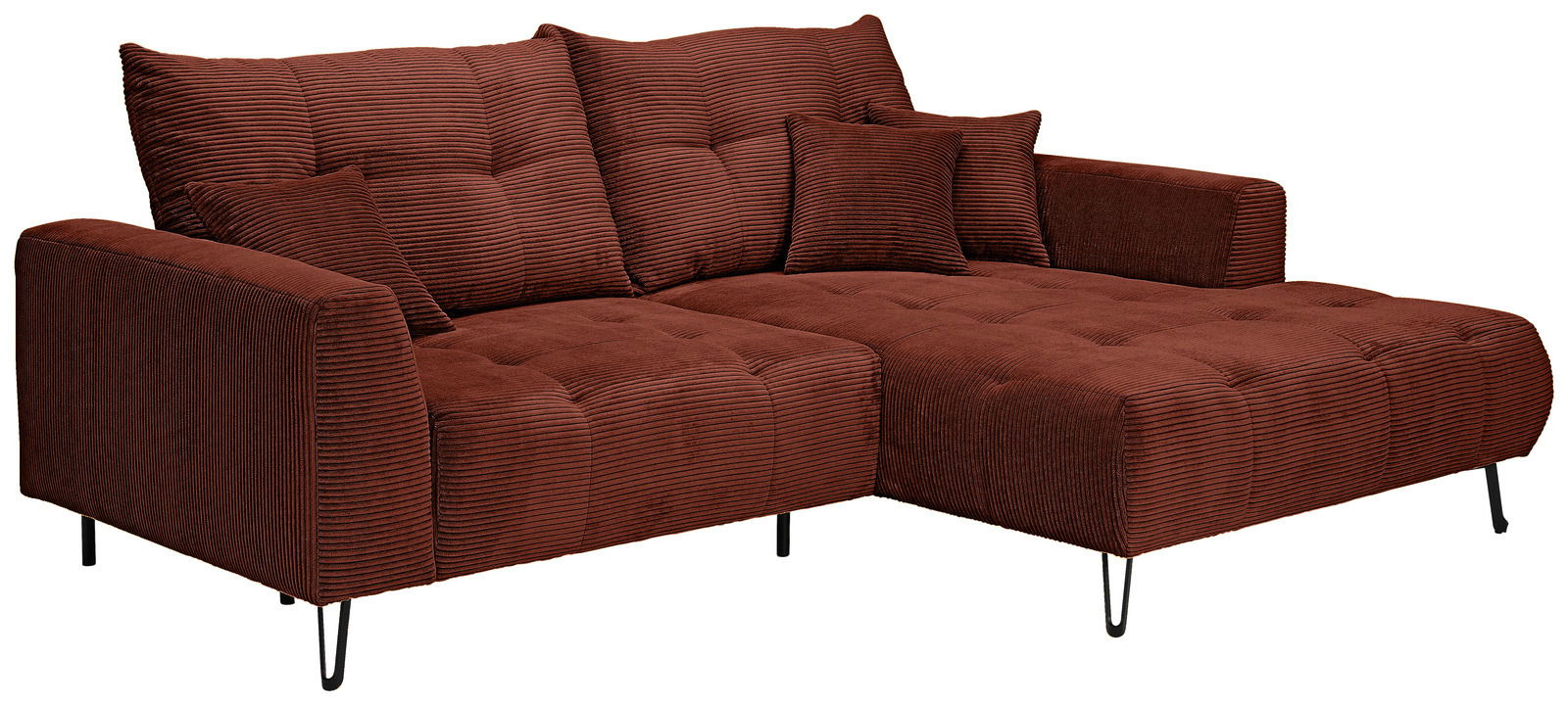 Braunes Ecksofa mit Ottomane rechts, aus gestepptem Stoff, seitliche Perspektive