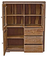 Offenes Highboard aus Holz mit zwei Türen und drei Schubladen, Frontalansicht