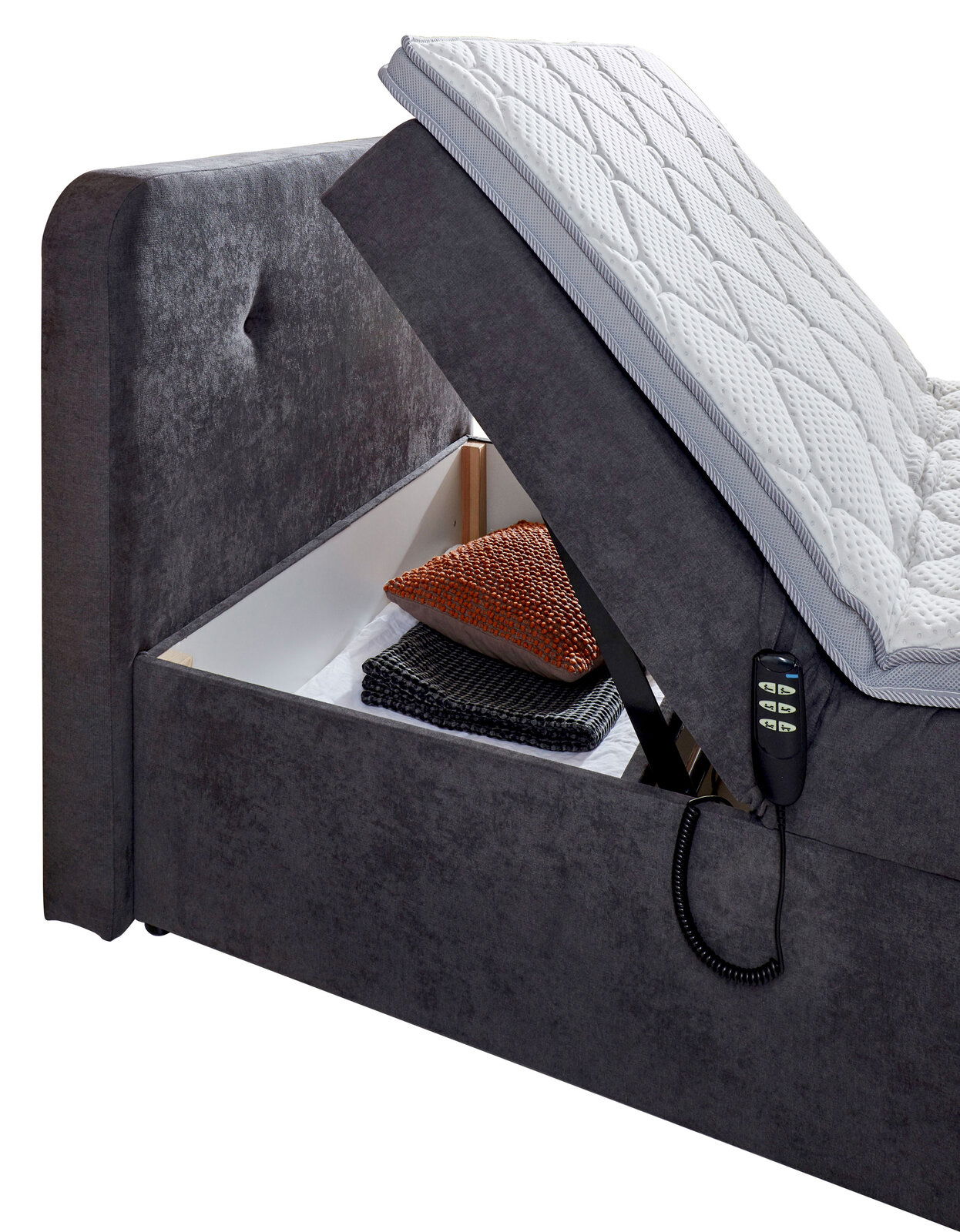 Boxbett mit Motor, seitliche Perspektive, geöffnet mit Stauraum und Fernbedienung