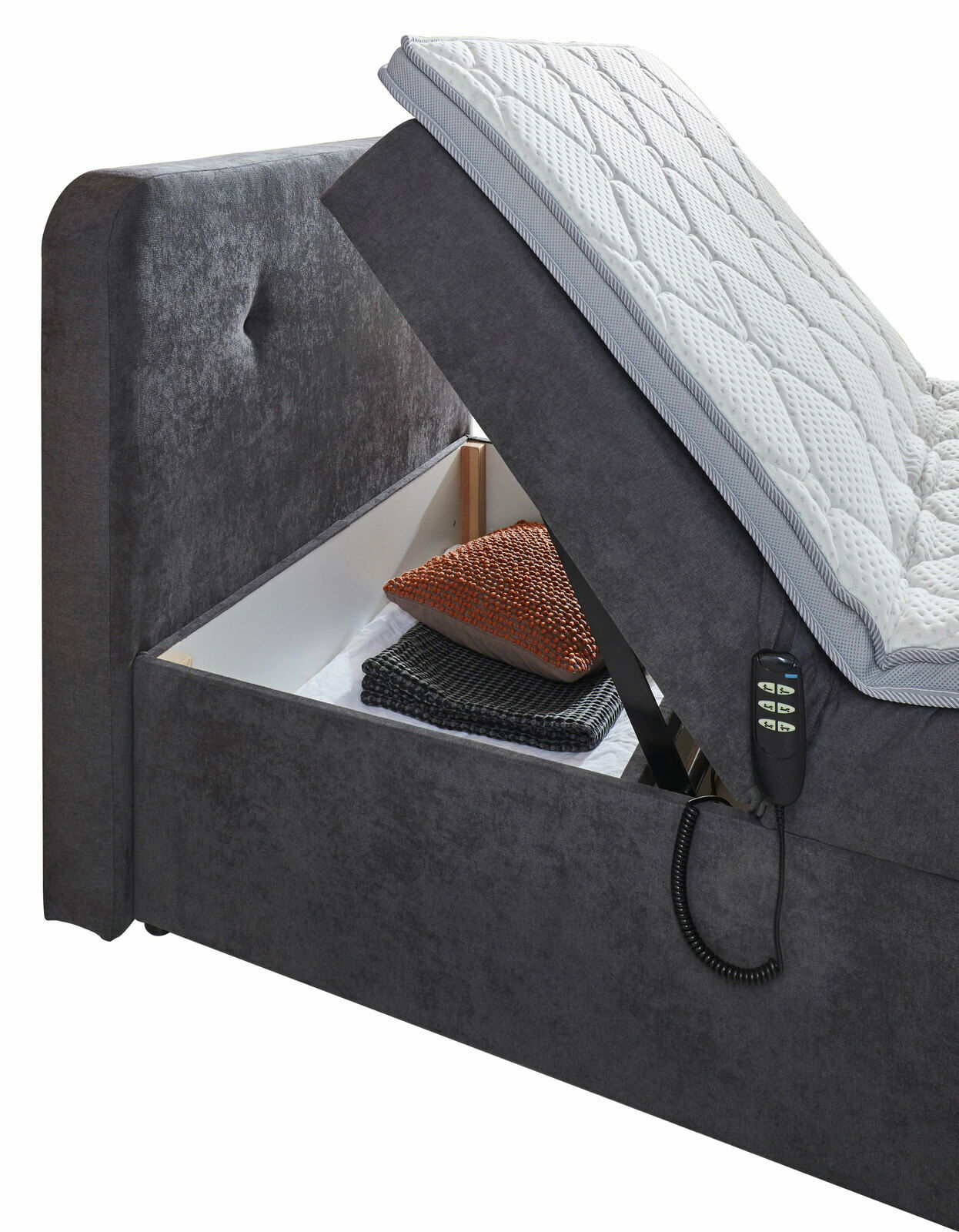 Boxbett mit Motor, seitliche Perspektive, geöffnet mit Stauraum und Fernbedienung