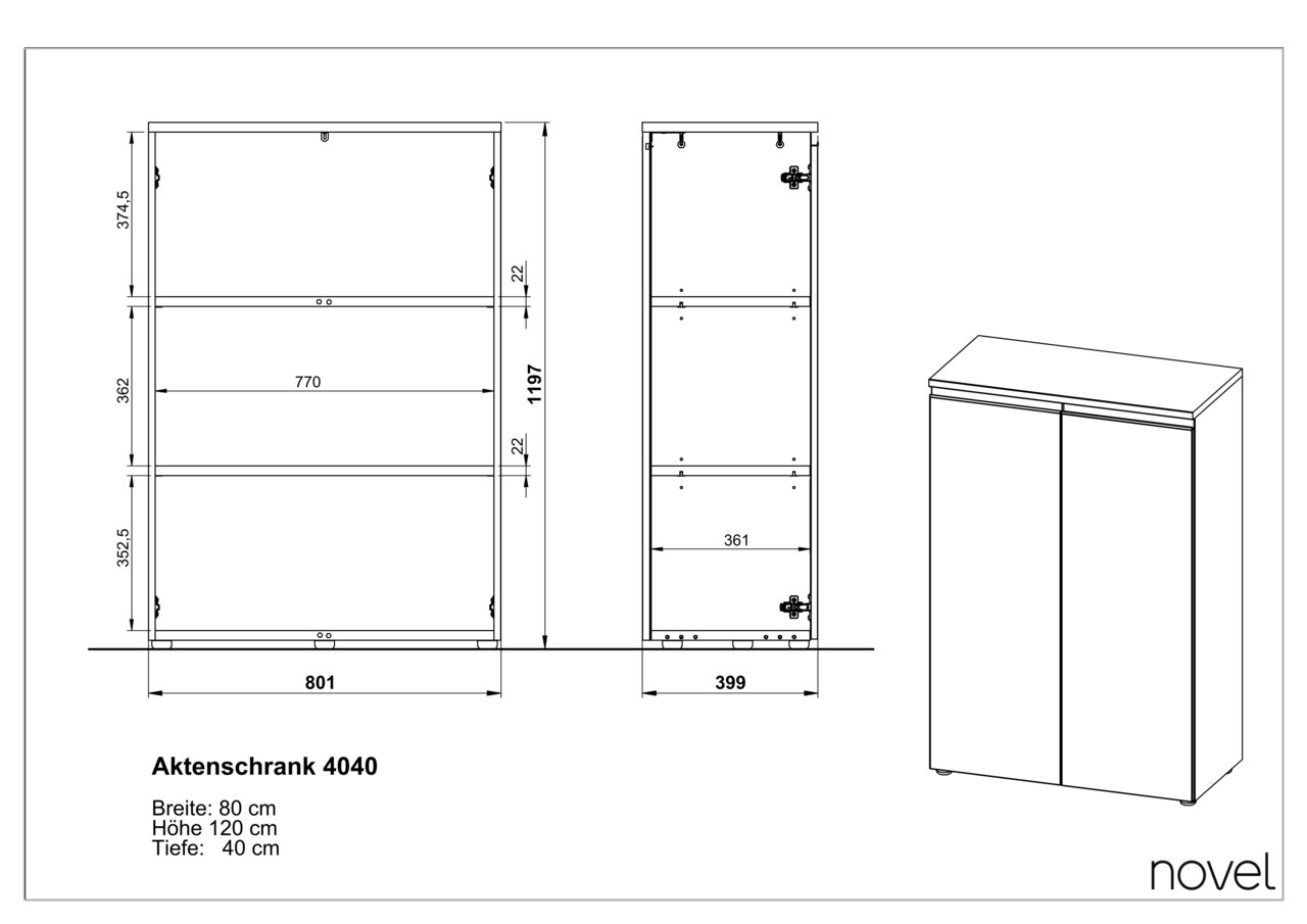 Archiefkast 4040 met de afmetingen 80 cm breed, 120 cm hoog en 40 cm diep, weergegeven in een technische tekening met een vooraanzicht, zijaanzicht en perspectiefaanzicht.