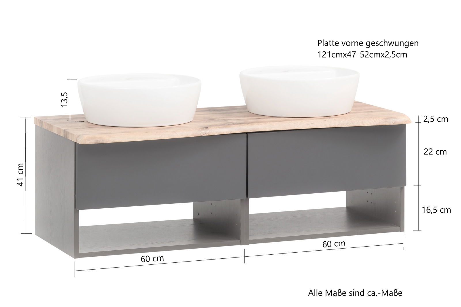 Waschtisch-Set mit zwei weißen Aufsatzwaschbecken auf einer geschwungenen Holzplatte, graue Schubladen und offenes Regal darunter, Frontansicht.