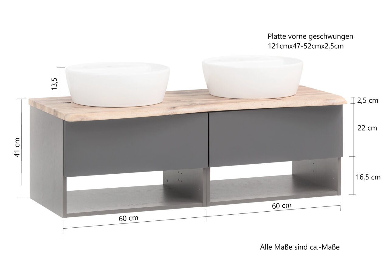 Waschtisch-Set mit zwei weißen Aufsatzwaschbecken auf einer geschwungenen Holzplatte, graue Schubladen und offenes Regal darunter, Frontansicht.