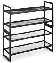 Schwarzes Schuhregal mit vier Ablagen aus Metallgitter, seitliche Perspektive