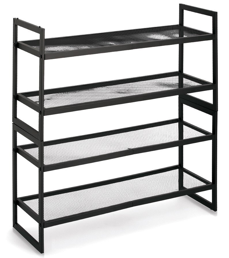 Schwarzes Schuhregal mit vier Ablagen aus Metallgitter, seitliche Perspektive