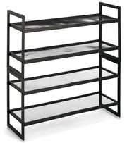 Schwarzes Schuhregal mit vier Ablagen aus Metallgitter, seitliche Perspektive