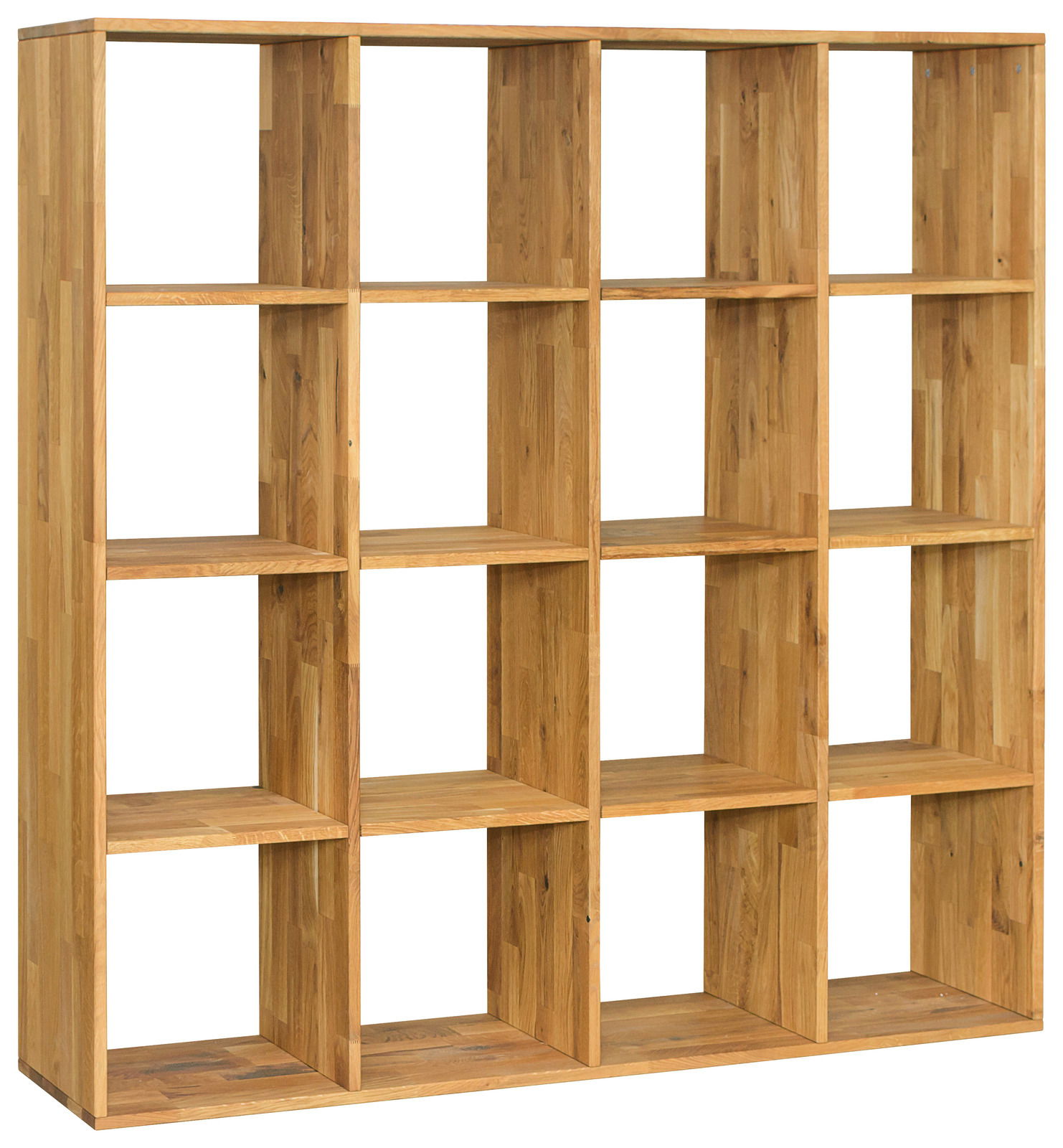 Holzregal mit 4x4 Fächern, seitliche Perspektive