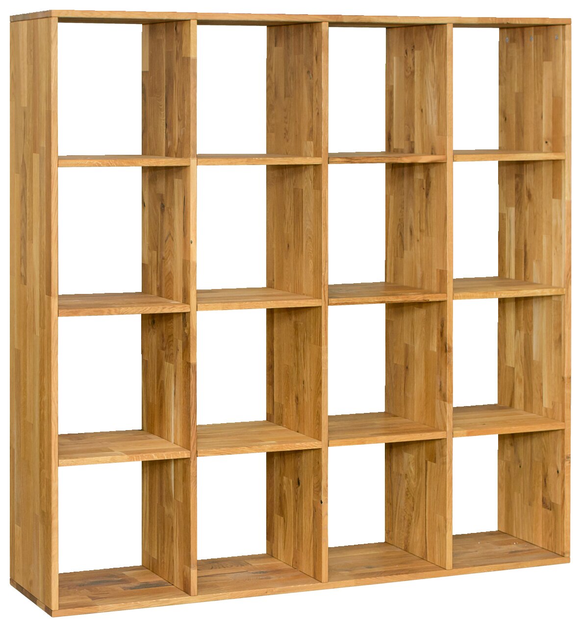 Holzregal mit 4x4 Fächern, seitliche Perspektive
