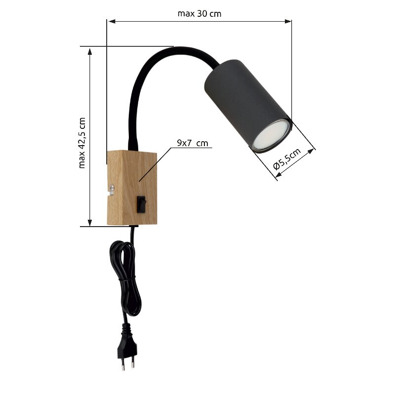 Wandlamp van metaal in mat nikkel met flexibele arm en houten voet, zijaanzicht