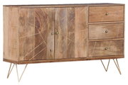 Holz-Sideboard mit zwei Türen und drei Schubladen, geometrisches Muster, schräg von vorne fotografiert
