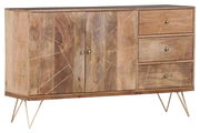 Holz-Sideboard mit zwei Türen und drei Schubladen, geometrisches Muster, schräg von vorne fotografiert