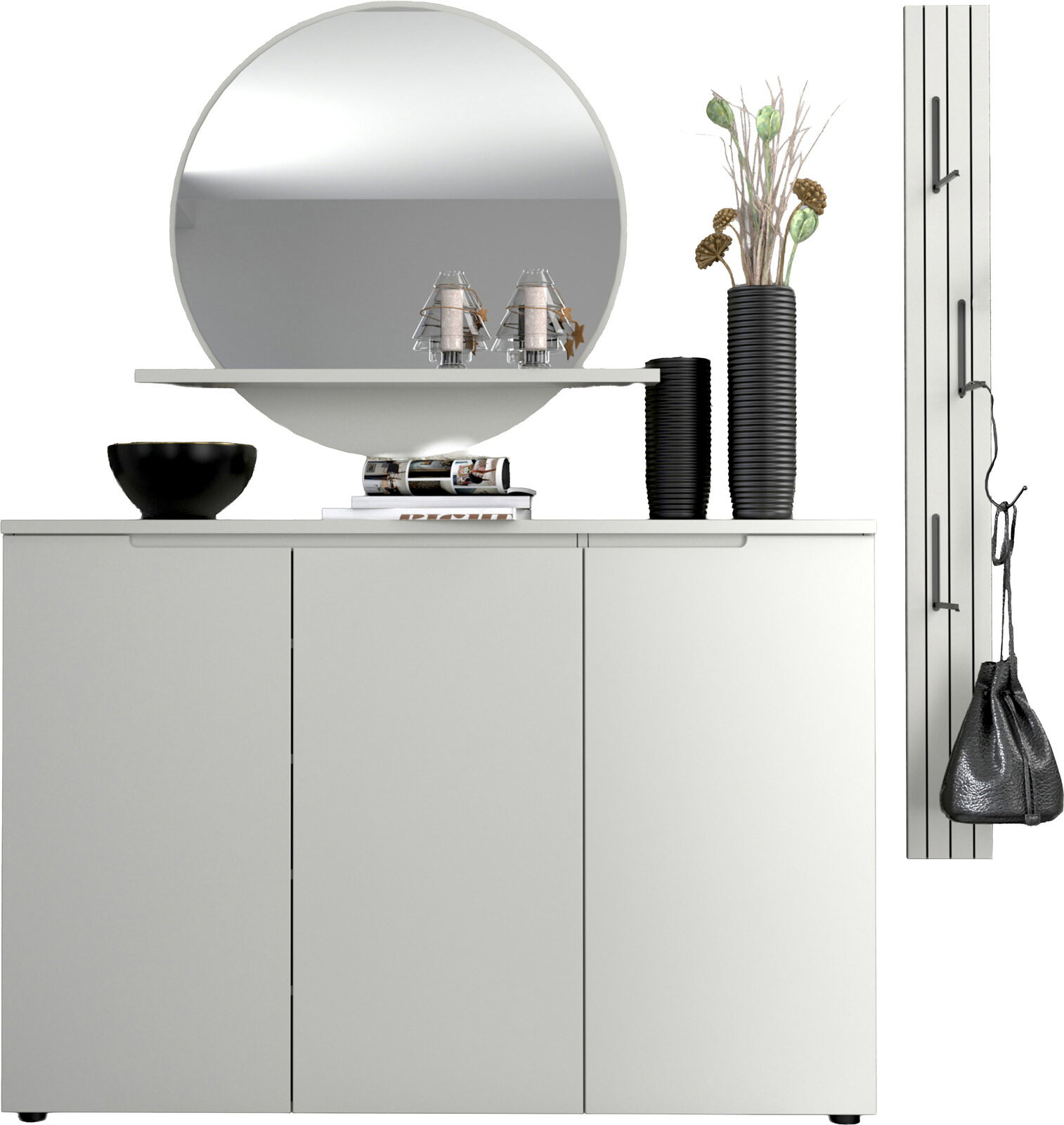 XORA Garderobenkombination breit BRESTA Modernes weißes Sideboard mit drei Türen, darüber runder Wandspiegel und schwebendes Regal mit Deko; frontale Ansicht.