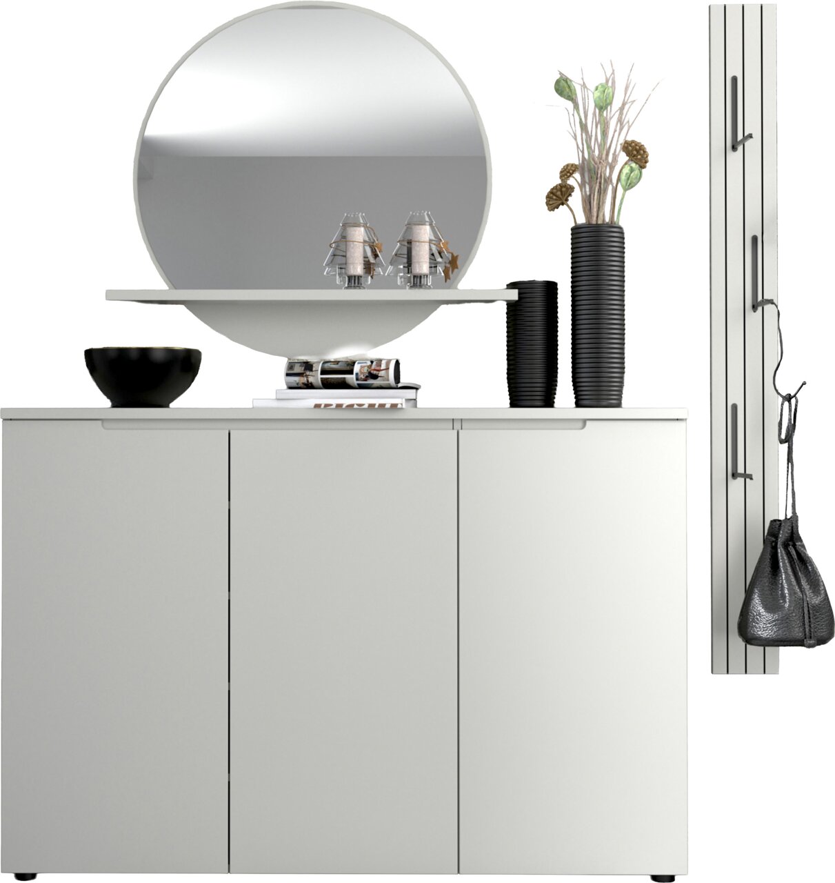 Modernes weißes Sideboard mit drei Türen, darüber runder Wandspiegel und schwebendes Regal mit Deko; frontale Ansicht.