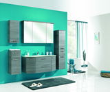 Moderner Badezimmer-Unterschrank in grauer Holzoptik, frontal abgebildet, mit zwei Schubladen und einem Waschbecken.
