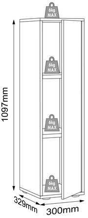 Schmaler Hochschrank mit offener Tür und drei Ablagefächern, je Fach bis 6 kg belastbar; Maße 1097 mm hoch, 300 mm breit, 329 mm tief, in schräger Frontansicht dargestellt.