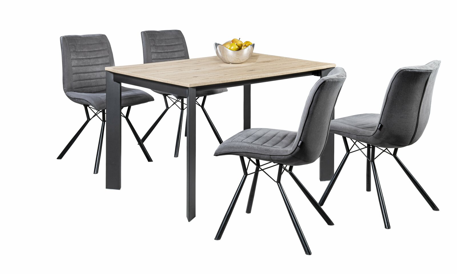 Moderner Esstisch mit Holzplatte und vier grauen Stühlen, seitliche Perspektive