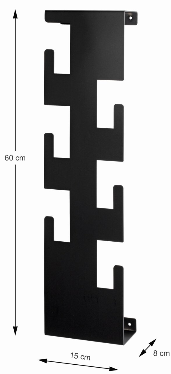 Schwarze Wandgarderobe aus Metall mit mehreren Haken, seitliche Perspektive, Maße: 60 cm hoch, 15 cm breit, 8 cm tief.