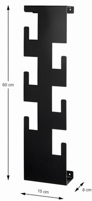 Schwarze Wandgarderobe aus Metall mit mehreren Haken, seitliche Perspektive, Maße: 60 cm hoch, 15 cm breit, 8 cm tief.