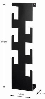 Schwarze Wandgarderobe aus Metall mit mehreren Haken, seitliche Perspektive, Maße: 60 cm hoch, 15 cm breit, 8 cm tief.