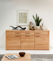 Holz-Sideboard mit drei Schubladen und drei Türen, dekoriert mit Pflanzen und Kunstobjekten, frontal fotografiert.