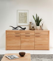 Holz-Sideboard mit drei Schubladen und drei Türen, dekoriert mit Pflanzen und Kunstobjekten, frontal fotografiert.
