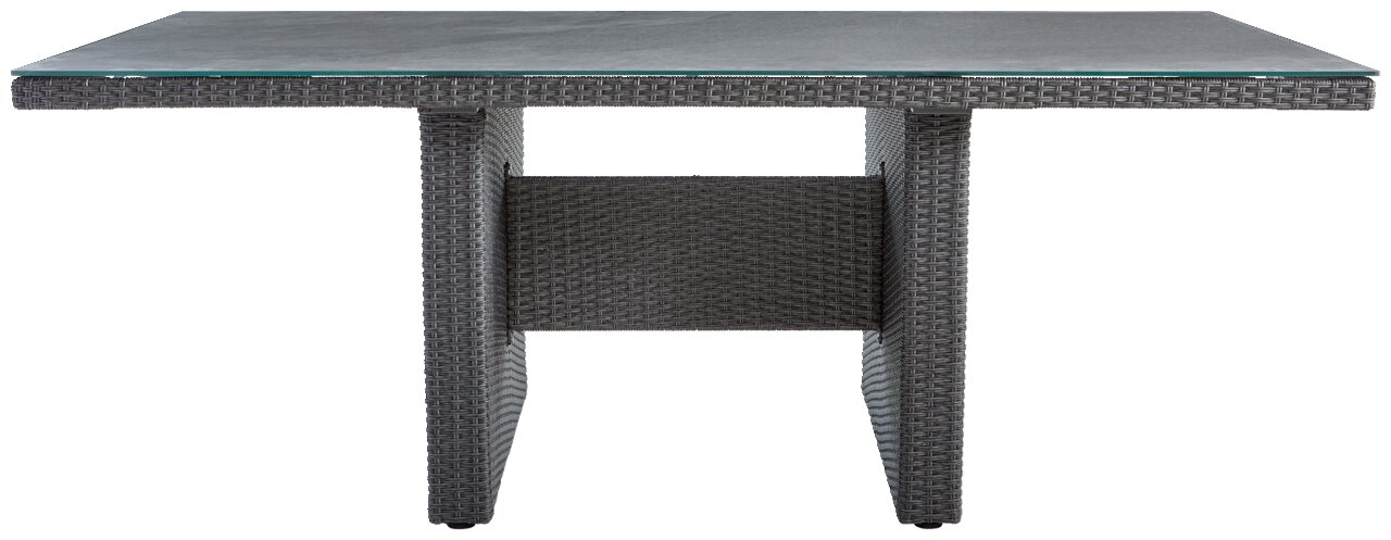 Moderner Gartentisch aus Rattan mit Glasplatte, Frontalansicht