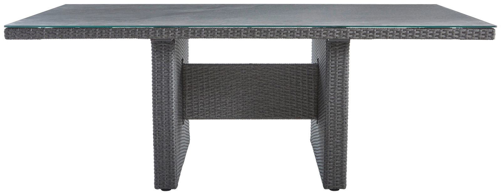 Moderner Gartentisch aus Rattan mit Glasplatte, Frontalansicht