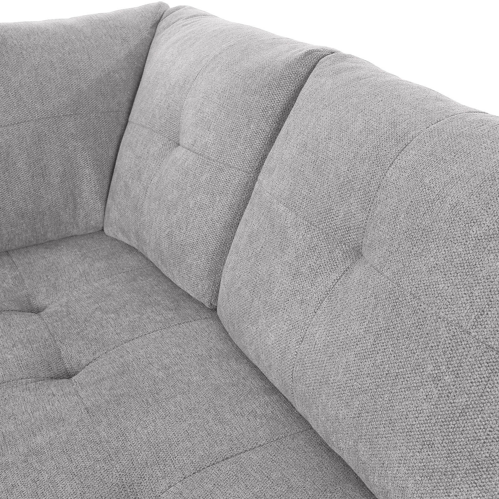 Graue Stoff-Rundecke mit gepolsterten Kissen, Nahaufnahme von der linken Seite.