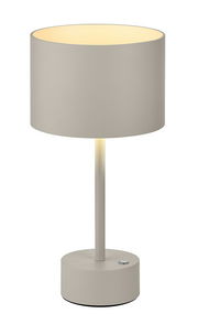 Moderne Akku-Tischleuchte in Beige, frontal abgebildet mit rundem Lampenschirm und stabilem Standfuß.
