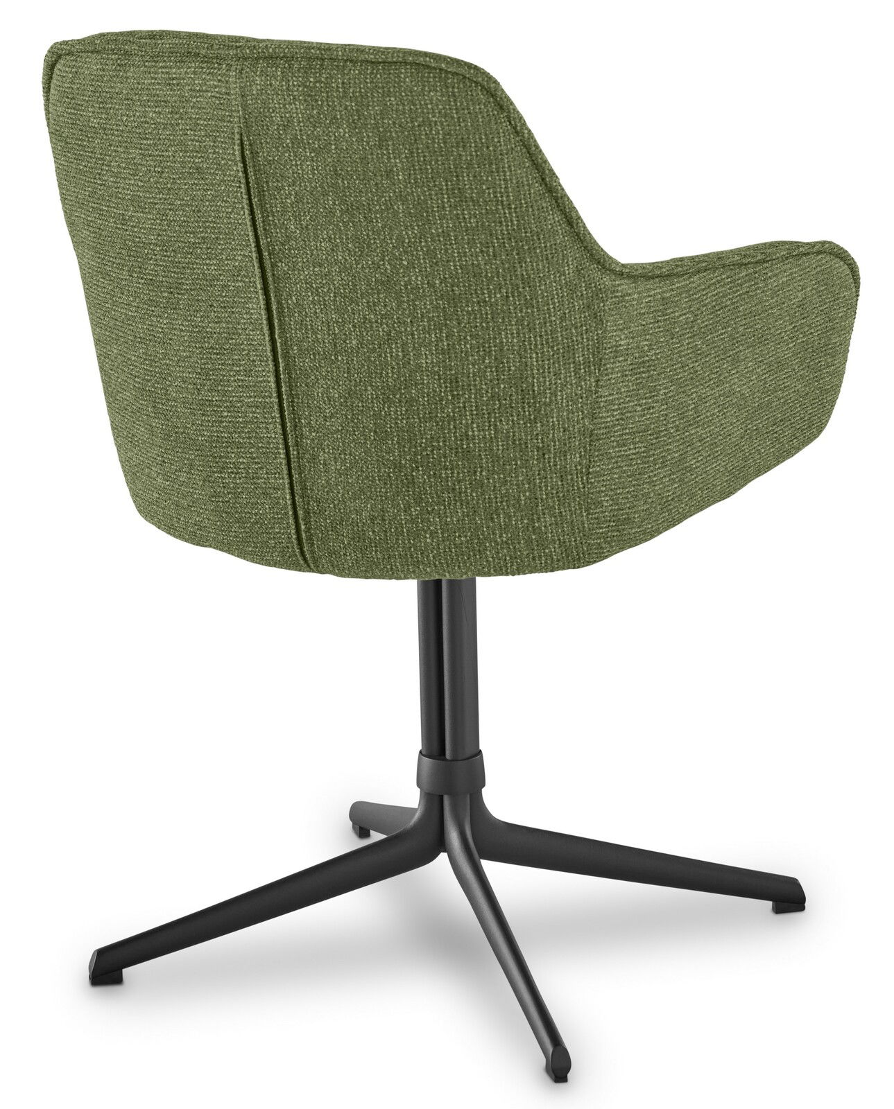 Rückansicht eines grünen Armlehnstuhls mit schwarzem Metallfußgestell