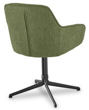 Rückansicht eines grünen Armlehnstuhls mit schwarzem Metallfußgestell