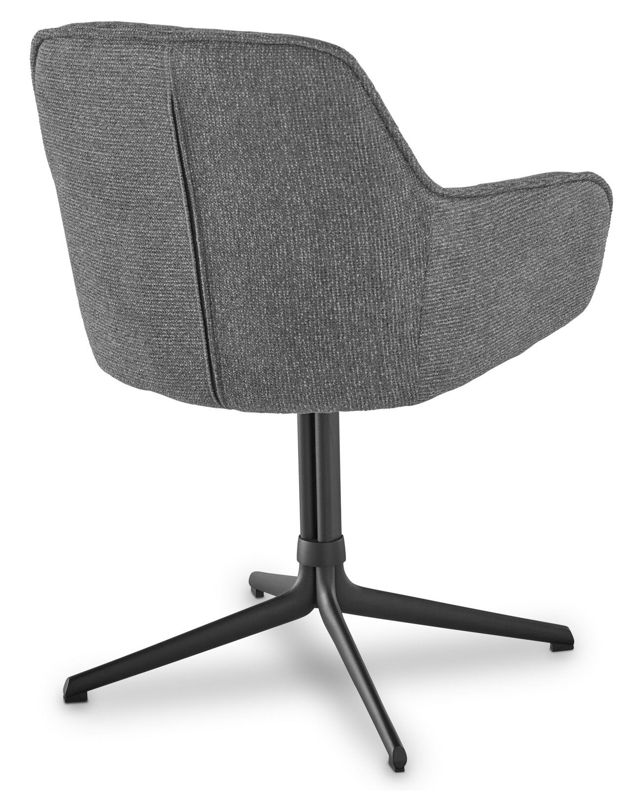 Rückansicht eines grünen Armlehnstuhls mit schwarzem Metallfußgestell