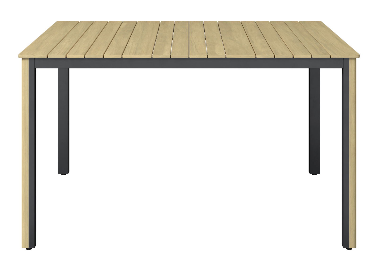 Moderner rechteckiger Tisch mit Holzlattenoberfläche und schwarzem Metallgestell, Frontalansicht.