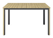 Moderner rechteckiger Tisch mit Holzlattenoberfläche und schwarzem Metallgestell, Frontalansicht.