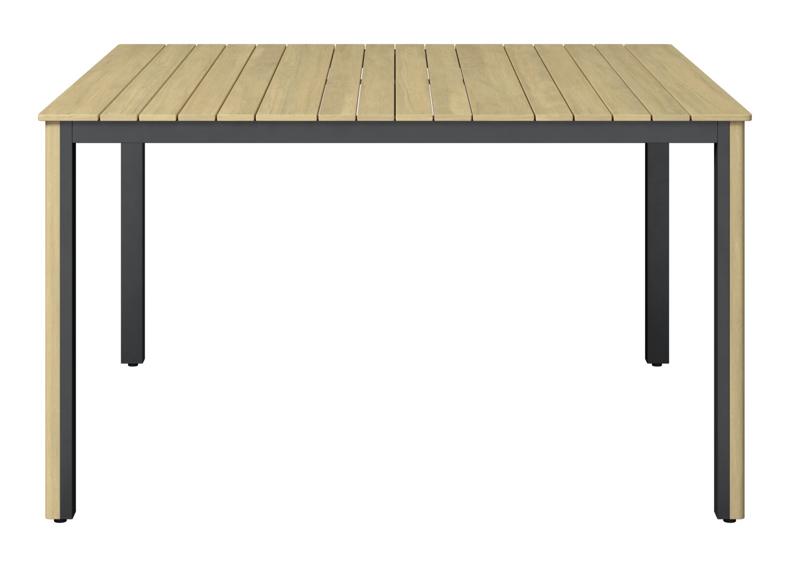 Moderner rechteckiger Tisch mit Holzlattenoberfläche und schwarzem Metallgestell, Frontalansicht.