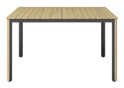 Moderner rechteckiger Tisch mit Holzlattenoberfläche und schwarzem Metallgestell, Frontalansicht.