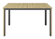 Moderner rechteckiger Tisch mit Holzlattenoberfläche und schwarzem Metallgestell, Frontalansicht.