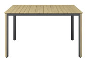 Moderner rechteckiger Tisch mit Holzlattenoberfläche und schwarzem Metallgestell, Frontalansicht.