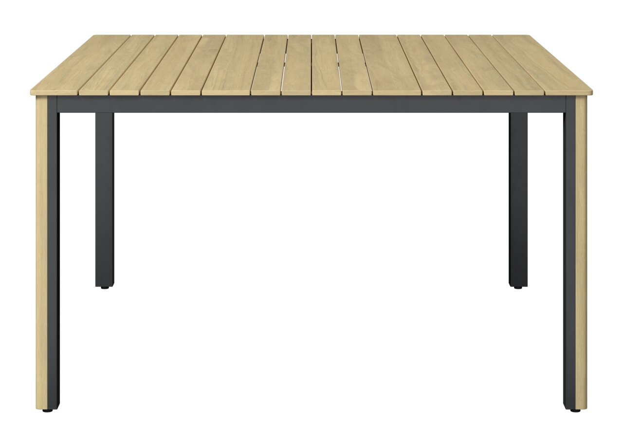 Moderner rechteckiger Tisch mit Holzlattenoberfläche und schwarzem Metallgestell, Frontalansicht.