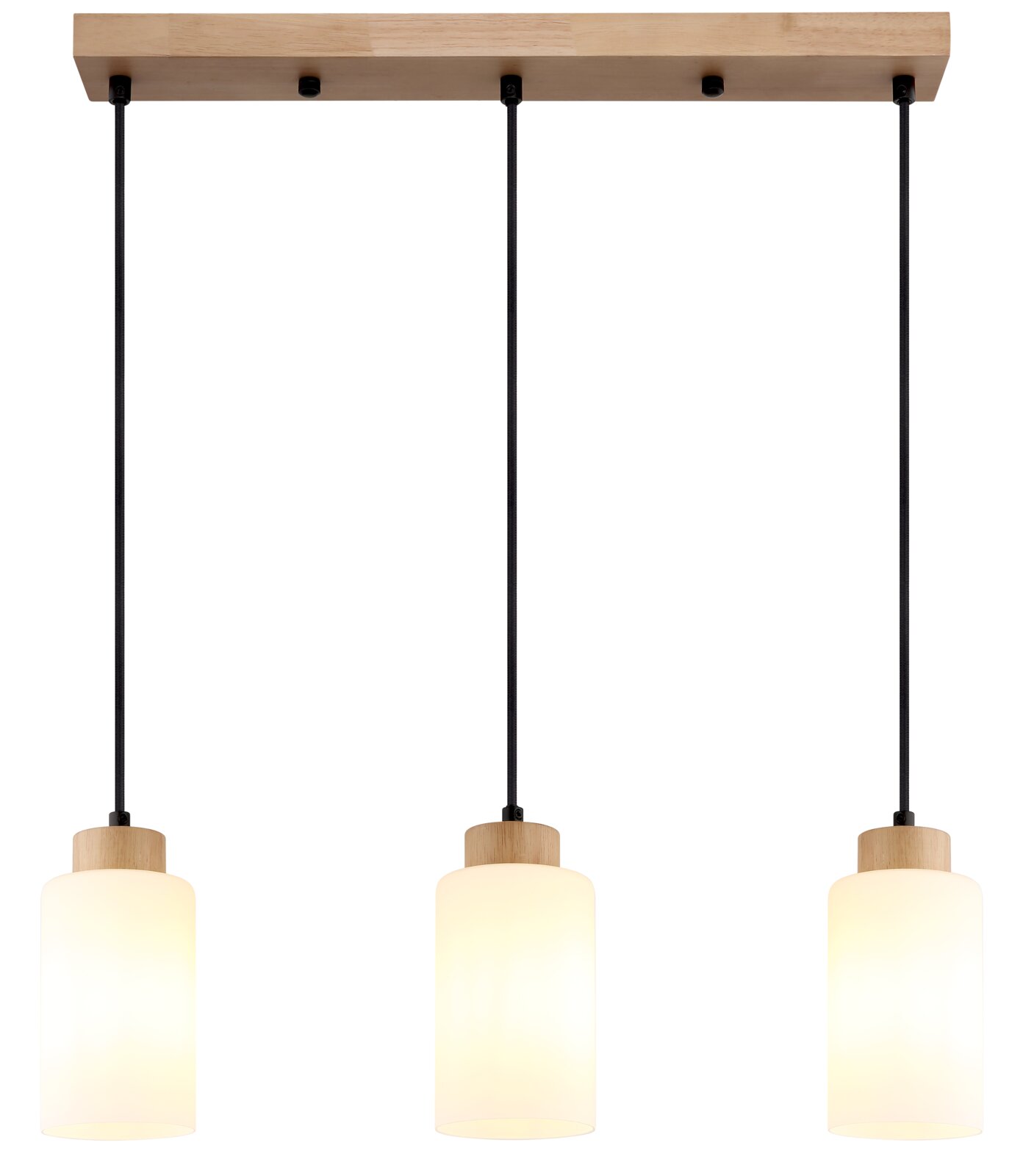 Hanglamp met drie lampen, houten plafondbalken, zwarte textielkabels en cilindervormige witte glazen kappen, van voren gezien van onderaf