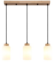 Hanglamp met drie lampen, houten plafondbalken, zwarte textielkabels en cilindervormige witte glazen kappen, van voren gezien van onderaf