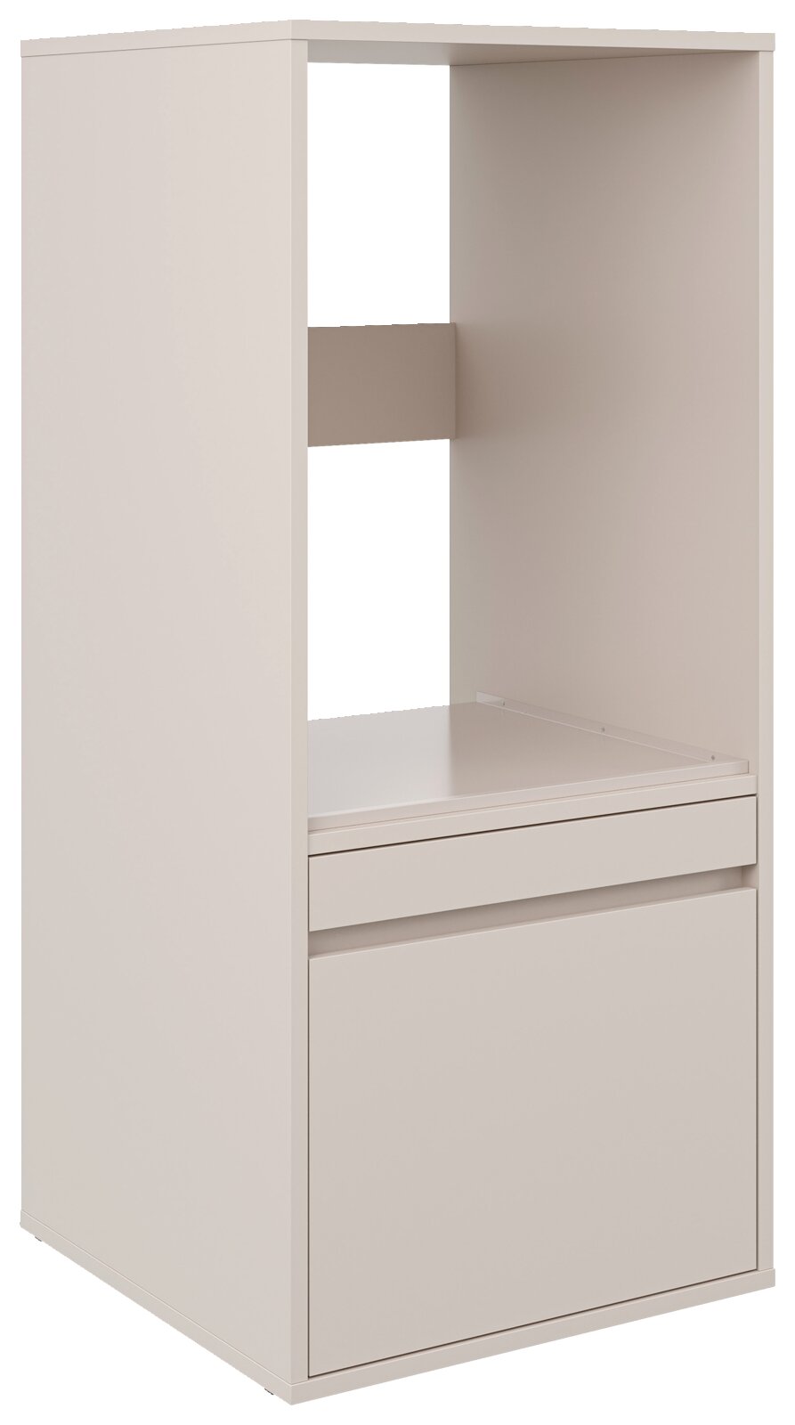 Weißes, minimalistisches Regal-/Schrankmodul mit offenem Fach und geschlossenem Unterteil, in frontaler leicht seitlicher Perspektive vor weißem Hintergrund