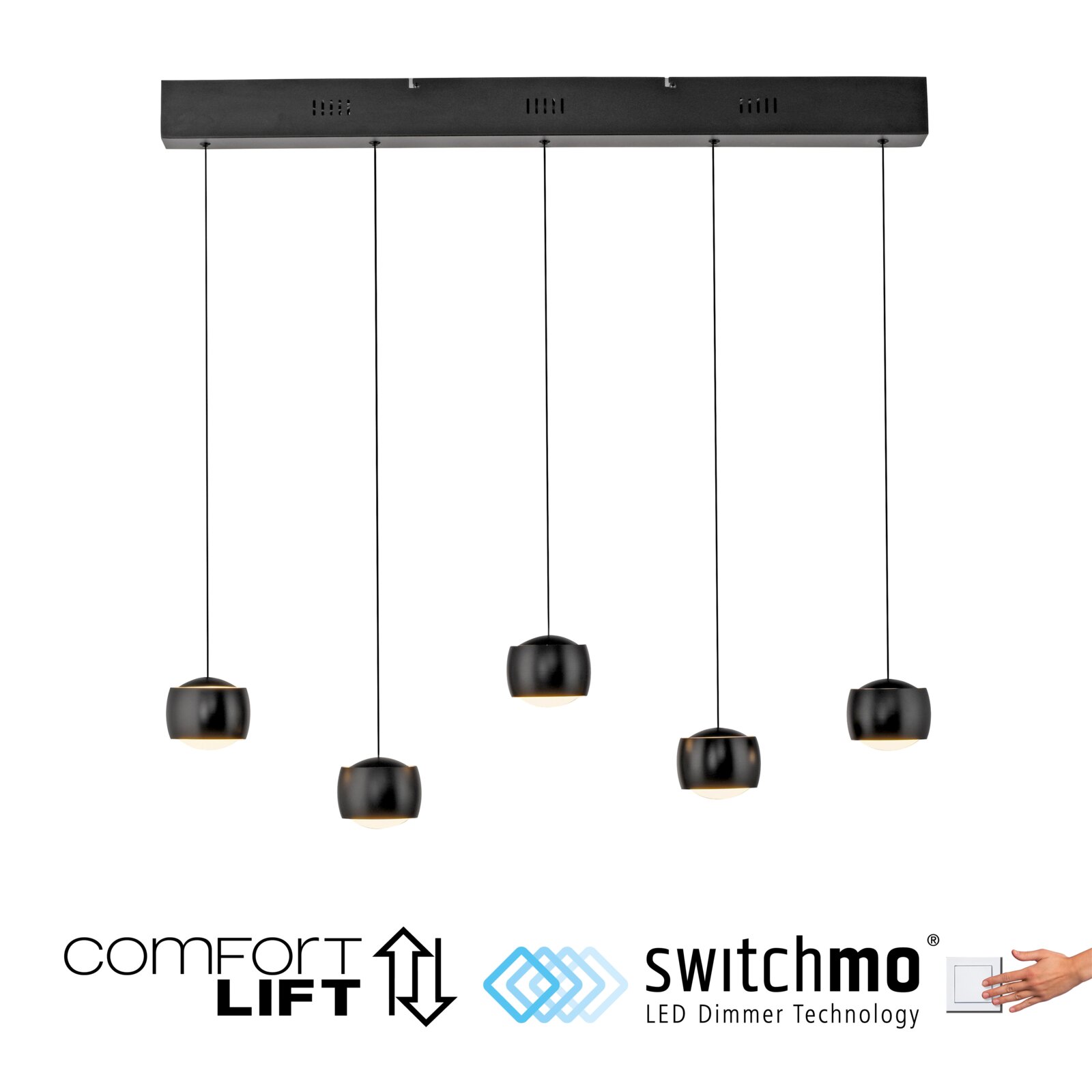 Moderne hanglamp BALLINI met vijf zwarte lampenkappen, opgehangen aan een rechthoekige plafondbeugel. Vooraanzicht.