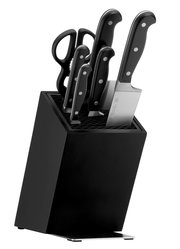 Schwarzer Messerblock mit mehreren Messern und einer Schere, seitliche Perspektive