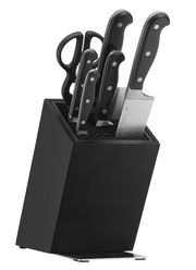 Schwarzer Messerblock mit mehreren Messern und einer Schere, seitliche Perspektive