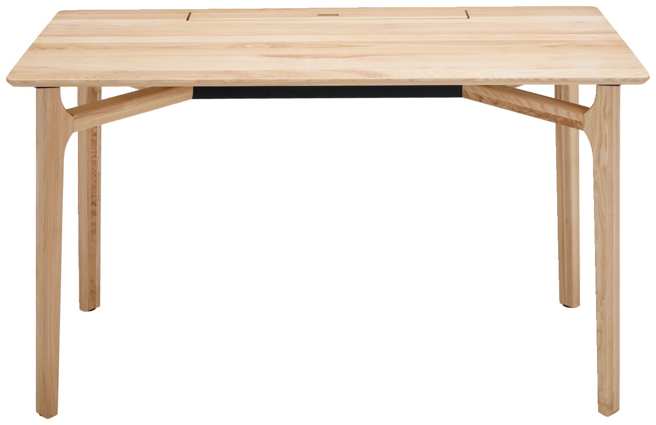 Moderner Schreibtisch aus hellem Holz, frontal betrachtet, mit klaren Linien und minimalistischen Design.